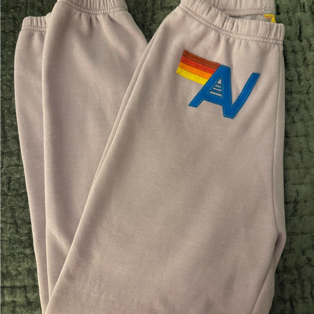 Aviator Nation mauve stitched set. Small hoodie, medium joggers.